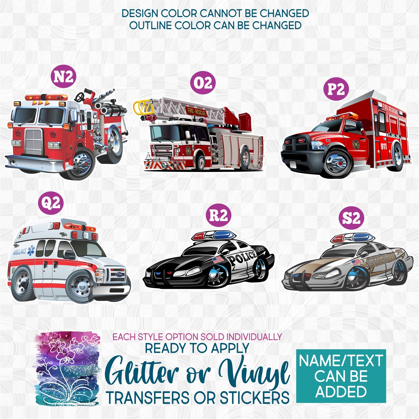 SBS-106 City Vehicles Fire Truck Ambulance Police Sherrif Car Made-to-Order Iron-On Transfer or Sticker