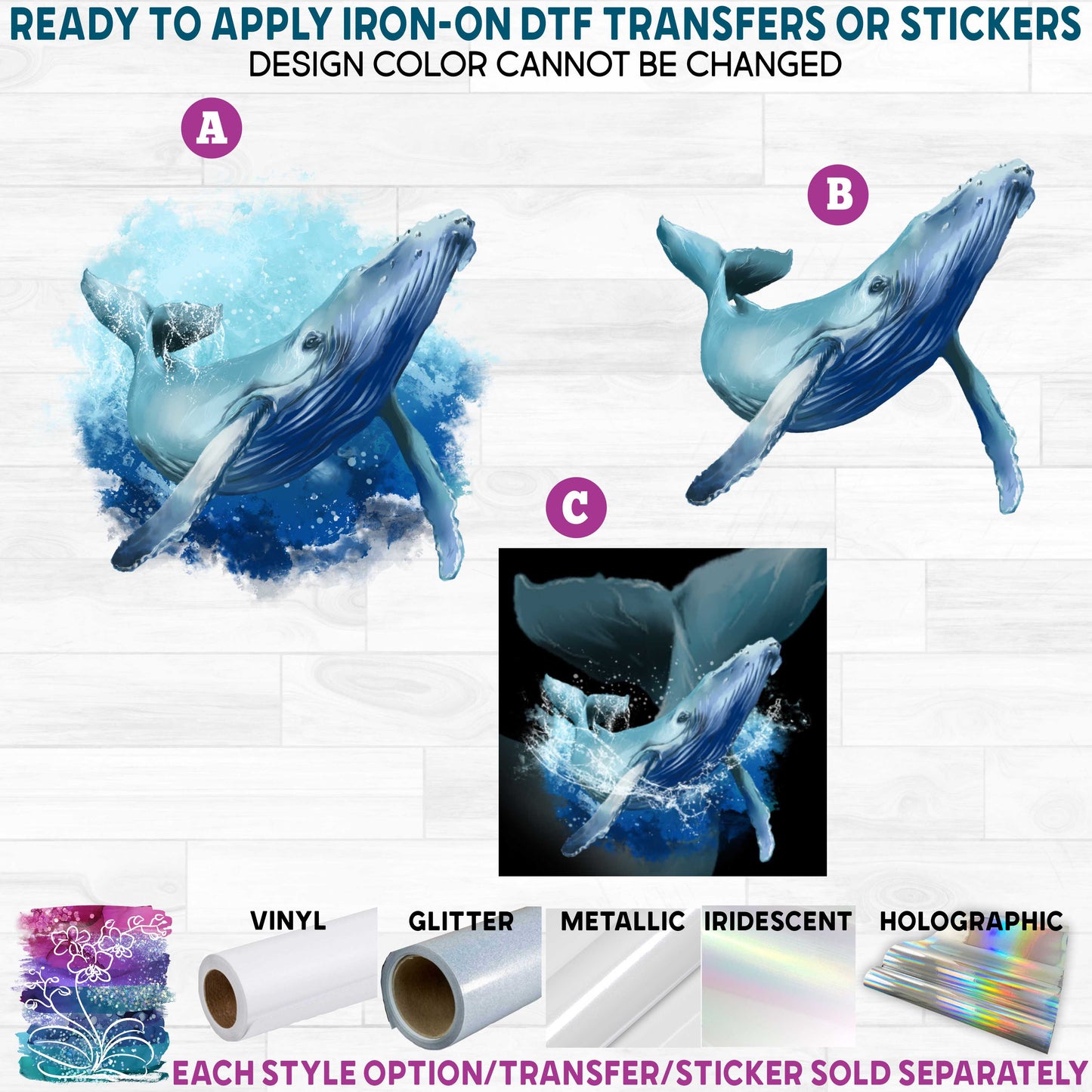 (s109-8) Watercolor Whale Glitter or Vinyl Iron-On Transfer or Sticker