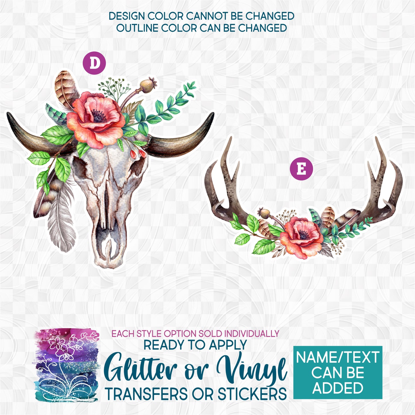 SBS-10 Rustic Rose Cow Skull Deer Antlers Floral Flowers Watercolor Made-to-Order Iron-On Transfer or Sticker
