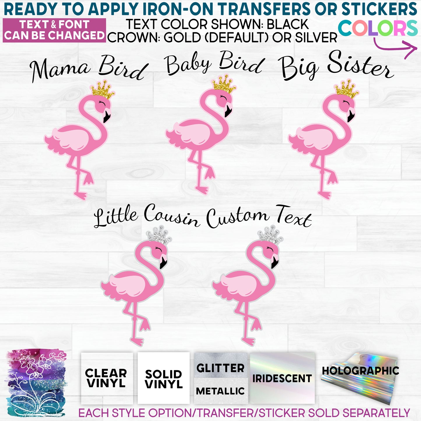 (s110-3D) Mama Bird, Baby Bird, Flamingo Crown Custom Text Glitter or Vinyl Iron-On Transfer or Sticker