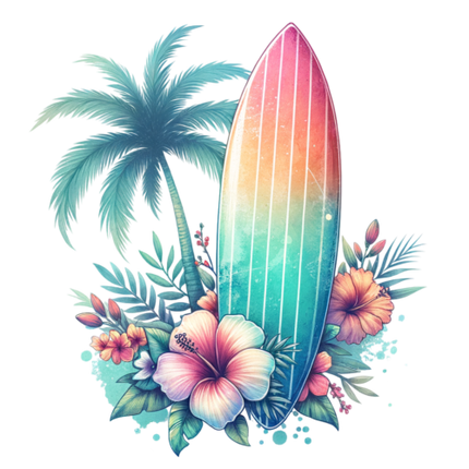(s115-4-D)  Surfboard Palm Tree Flowers
