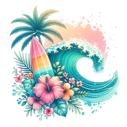 (s115-4-J) Surfboard Flowers Palm Tree Wave
