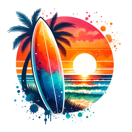 (s115-4-N) Surfboard Palm Tree Sunset