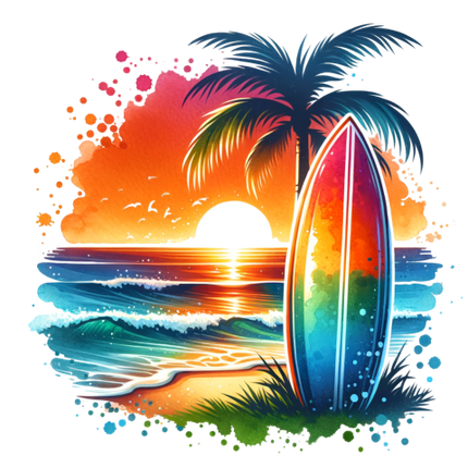 (s115-4-O) Surfboard Palm Tree Sunset
