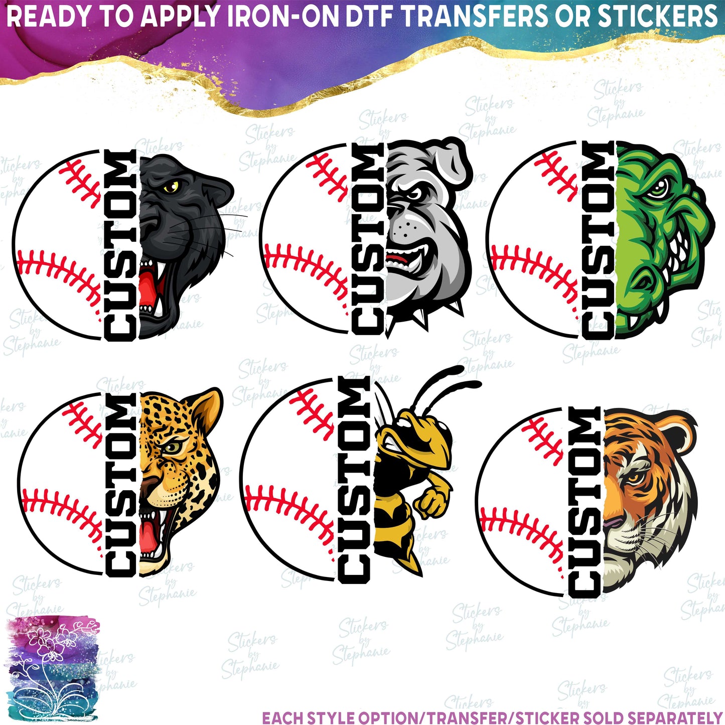 (s116-2) Split Baseball Team Name Custom Text 58 Mascot Styles