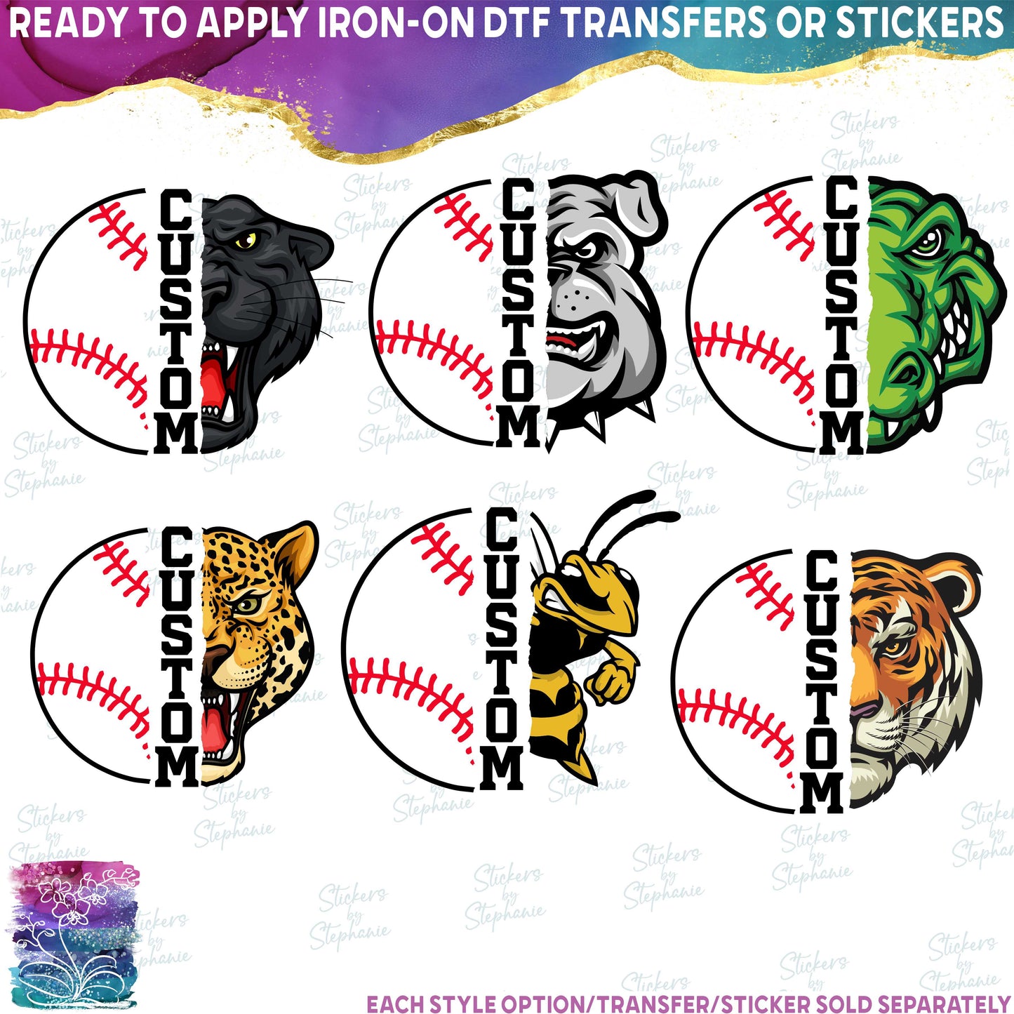 (s116-2) Split Baseball Team Name Custom Text 58 Mascot Styles