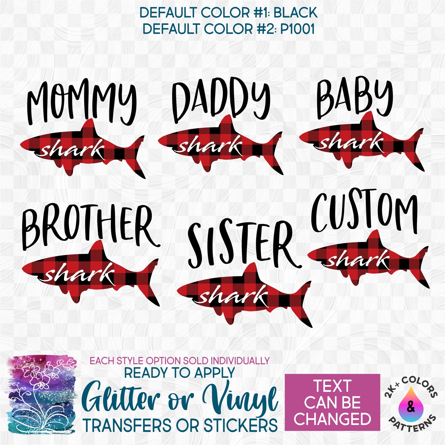 (s120-2C) Buffalo Plaid Shark Family Custom Text Glitter or Vinyl Iron-On Transfer or Sticker