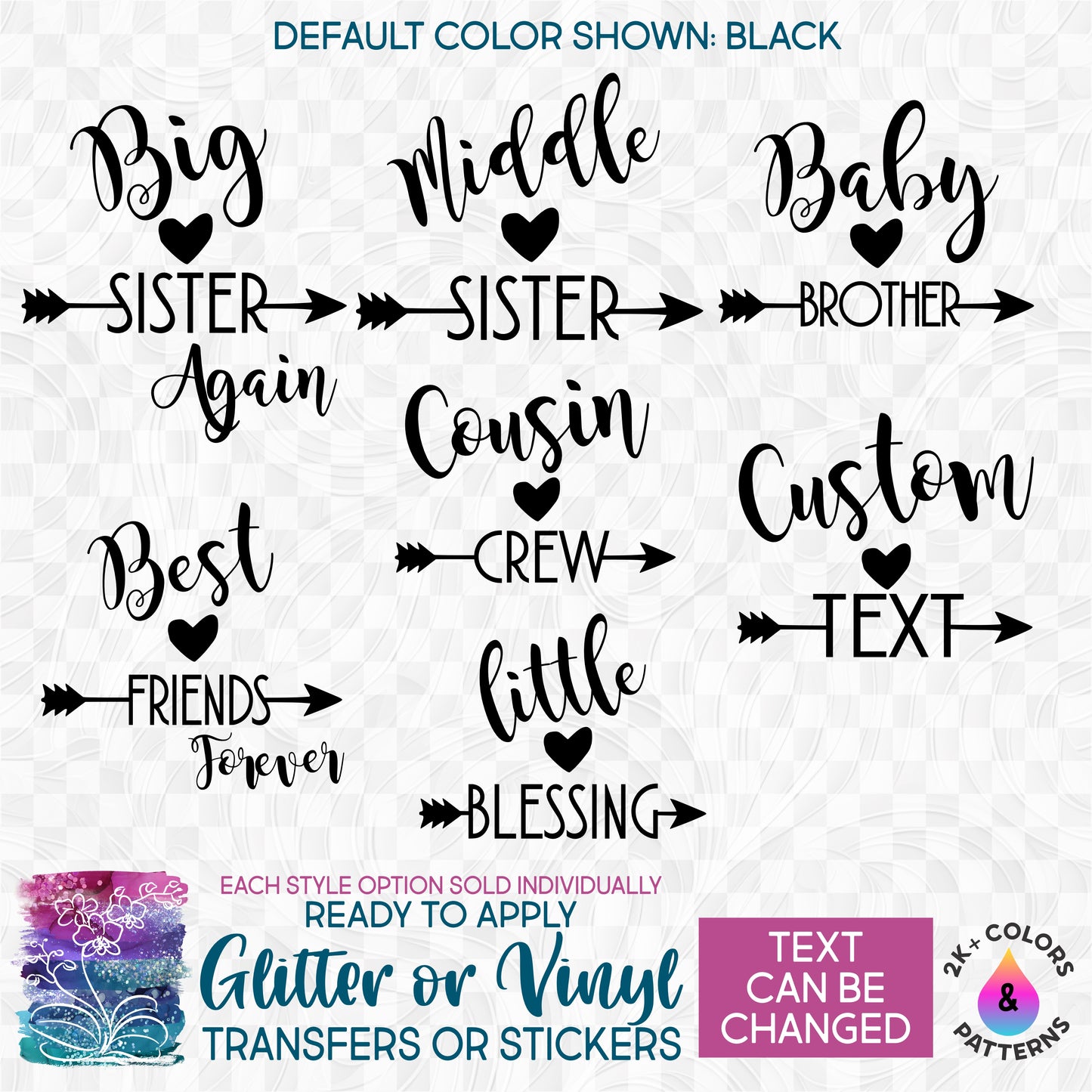(s122-M) Big, Little, Brother, Sister, Cousin Custom Text Heart Arrow Iron-On Transfer or Sticker