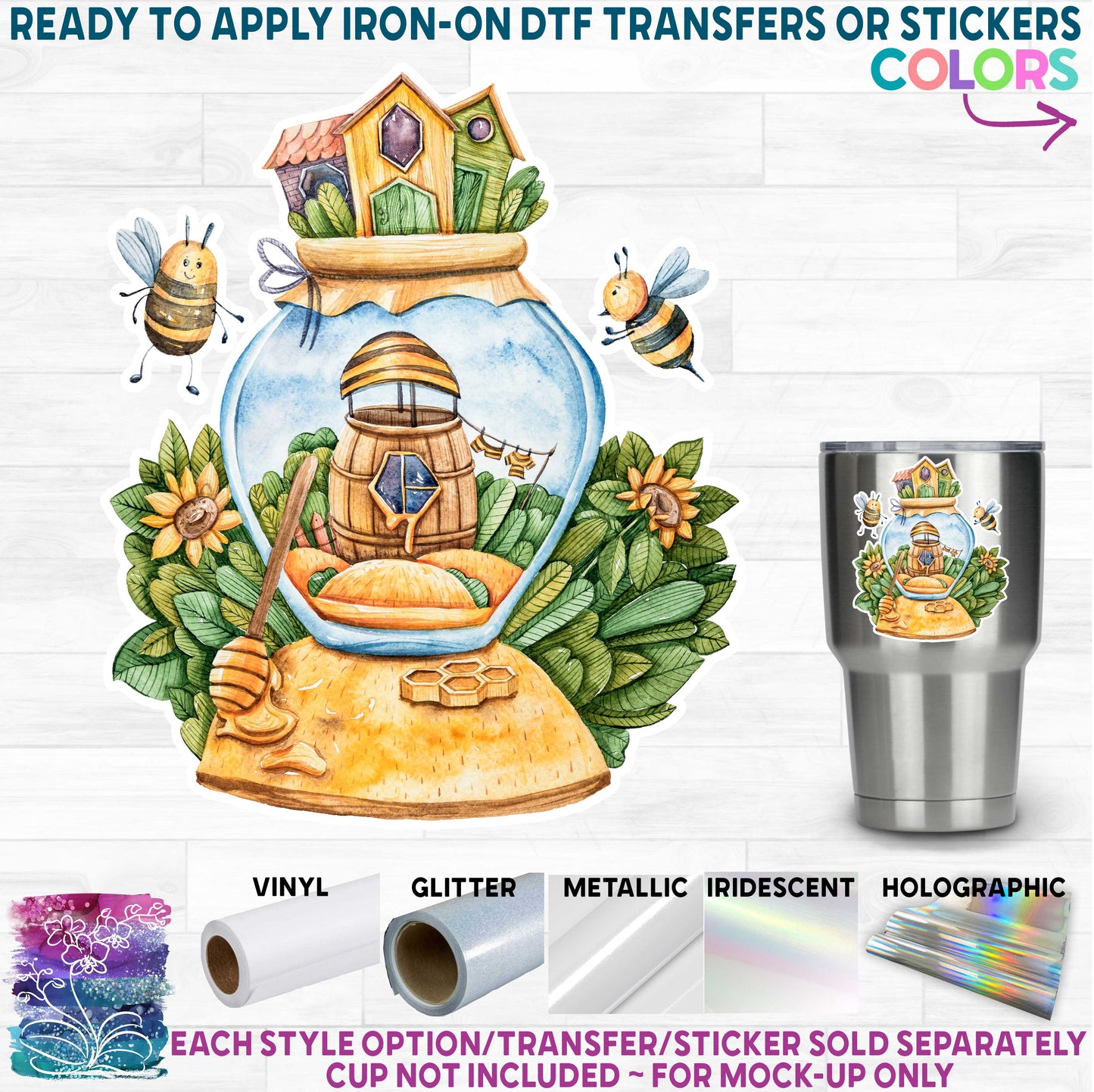 SBS-126-1J Watercolor Bee Hive Beehive Bees Custom Printed Iron On Transfer or Sticker