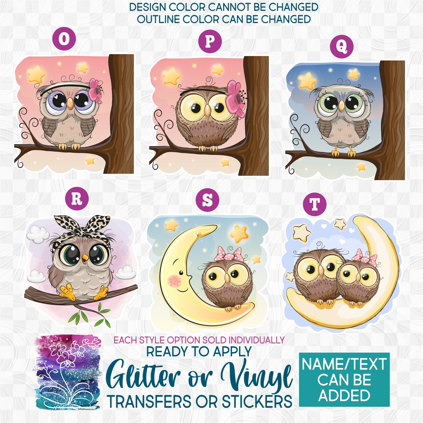 (s133-F) Cute Owl Tree Moon Glitter or Vinyl Iron-On Transfer or Sticker
