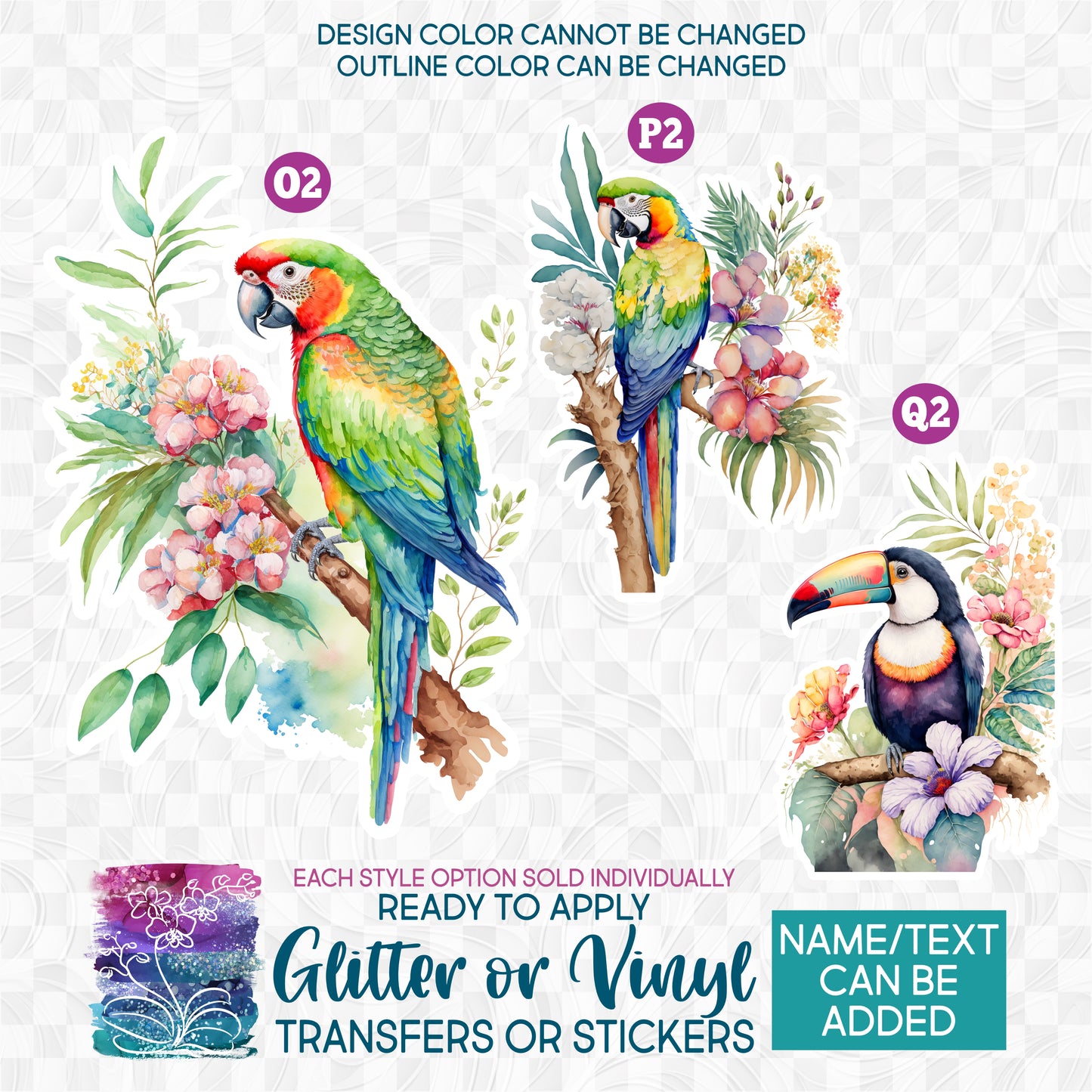 (s142) Watercolor Parrots Macaw Toucan Glitter or Vinyl Iron-On Transfer or Sticker