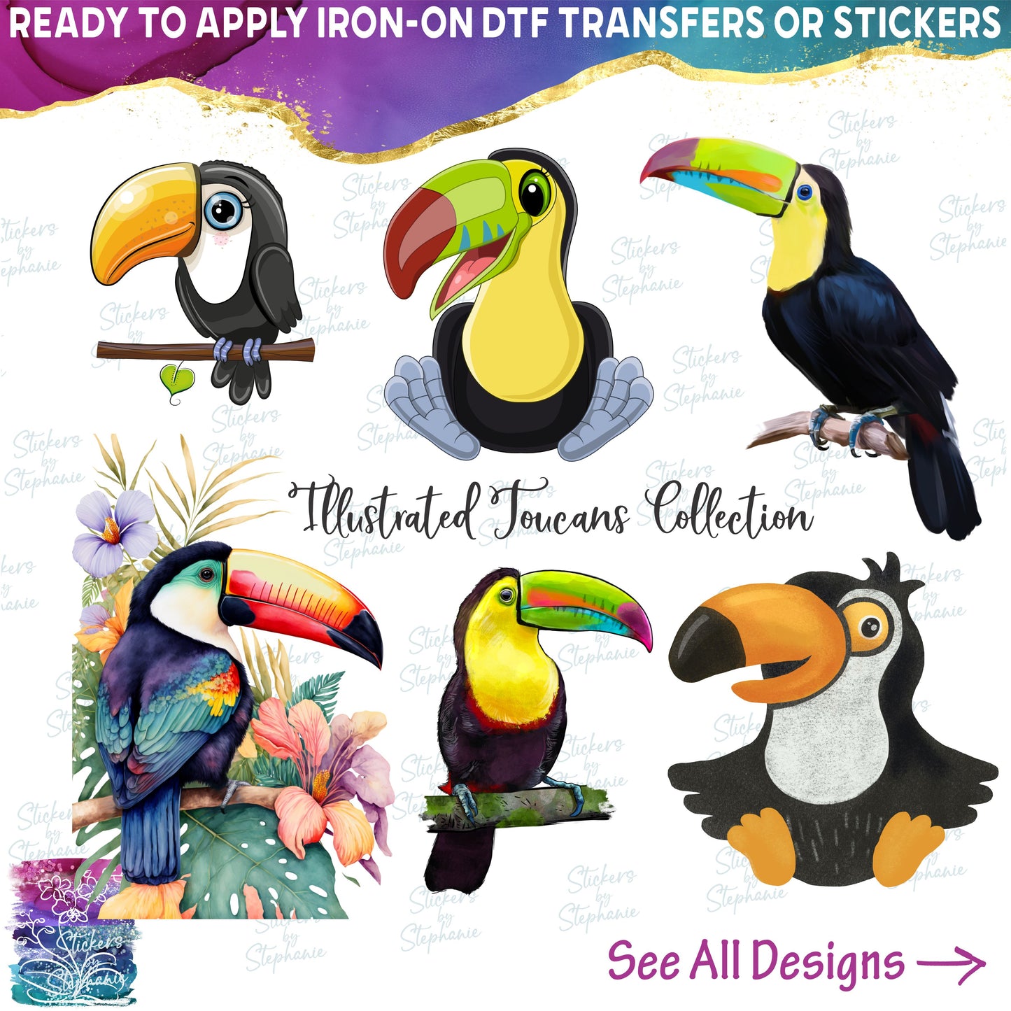 (s142) Watercolor Illustrated Cartoon Toucan Collection 20+ Styles