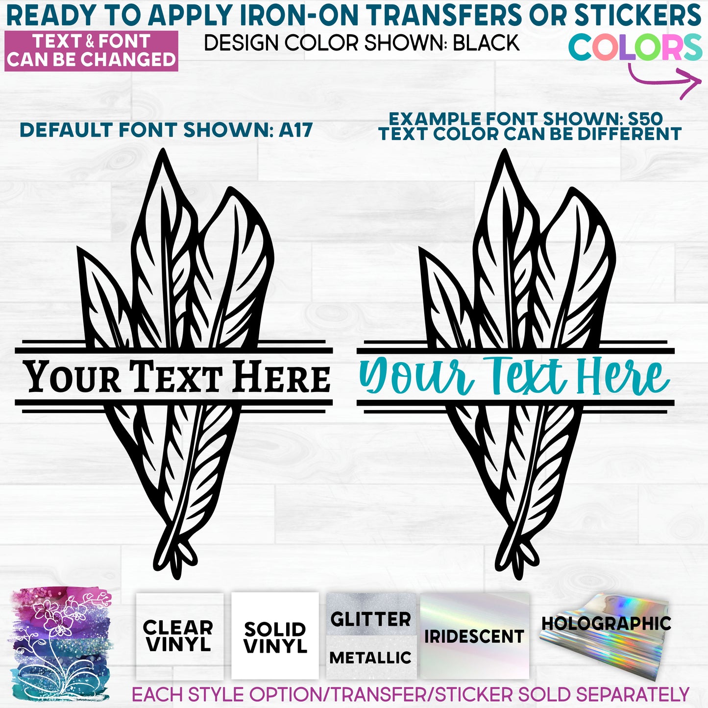 (s159-2D) Bird Feather Feathers Split Custom Text Name Glitter or Vinyl Iron-On Transfer or Sticker