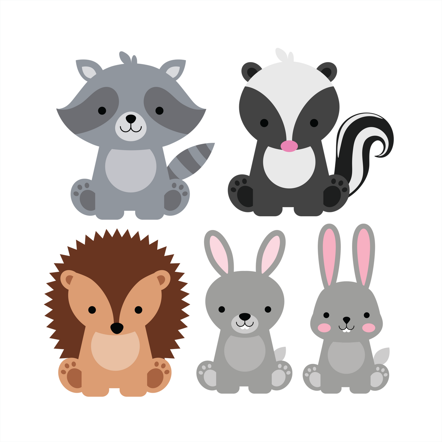 (s169-G3) Set of 4 Forest Animals Racoon Skunk Hedgehog Rabbit