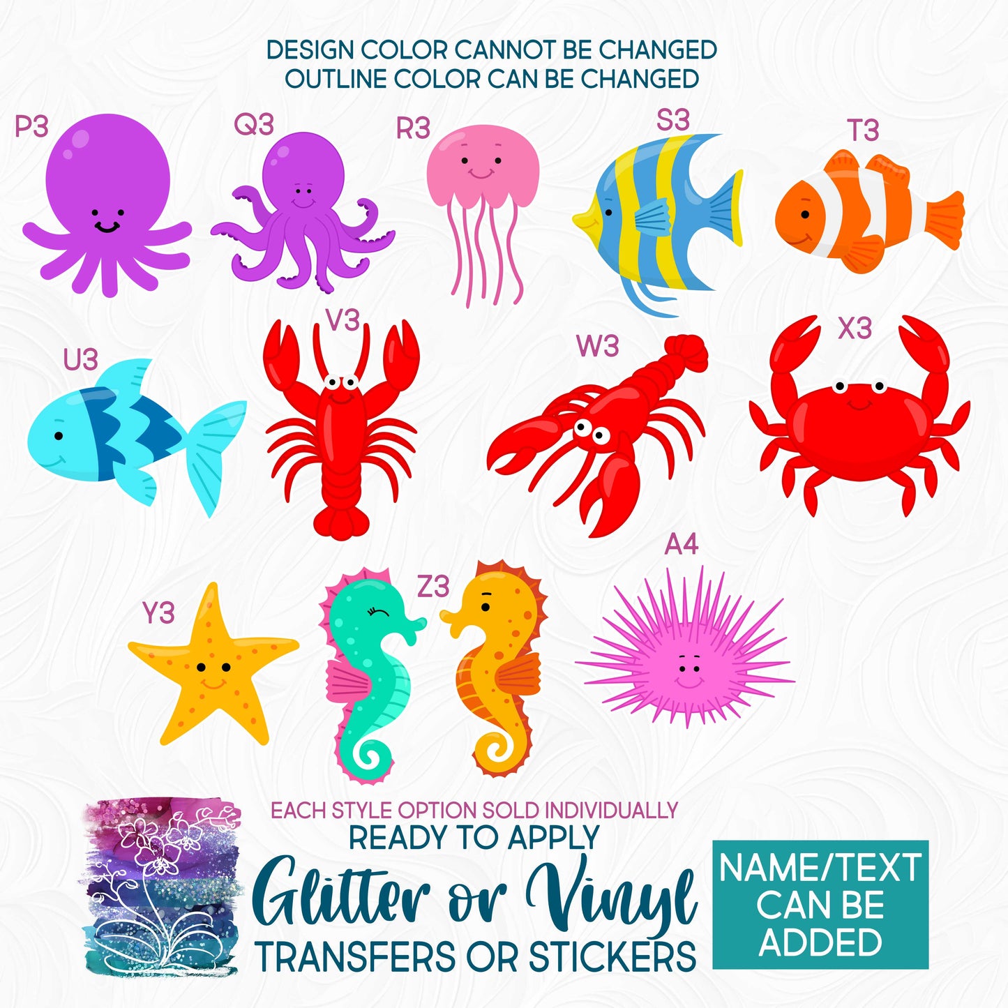 SBS-169 Ocean Creatures Octopus Jellyfish Fish Lobster Crab Starfish Seahorse Urchin Made-to-Order Iron-On Transfer or Sticker