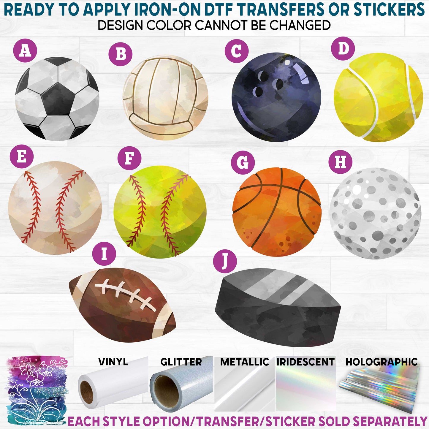 (s186) Watercolor Sports Balls Glitter or Vinyl Iron-On Transfer or Sticker