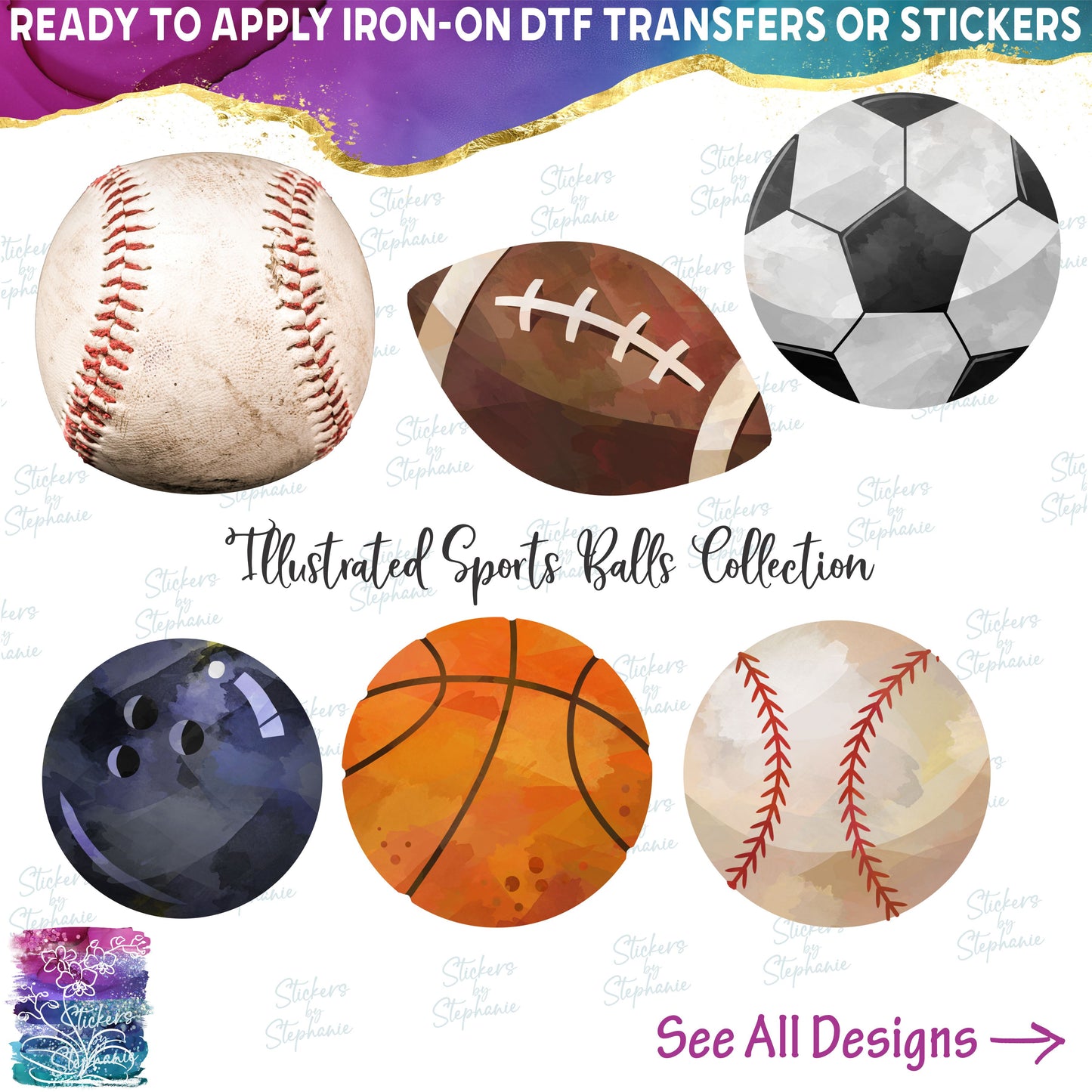 (s186) Illustrated Watercolor Sports Ball Collection