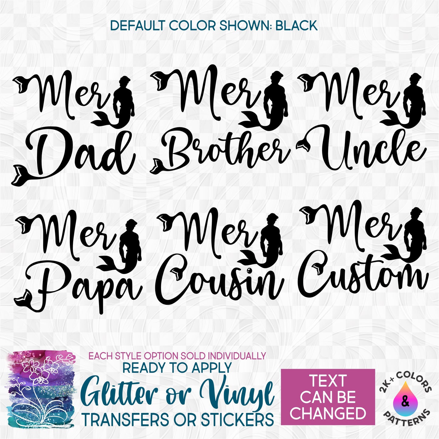 (s198-8G) Mer Dad Boy Family Merman Custom Text Glitter or Vinyl Iron-On Transfer or Sticker