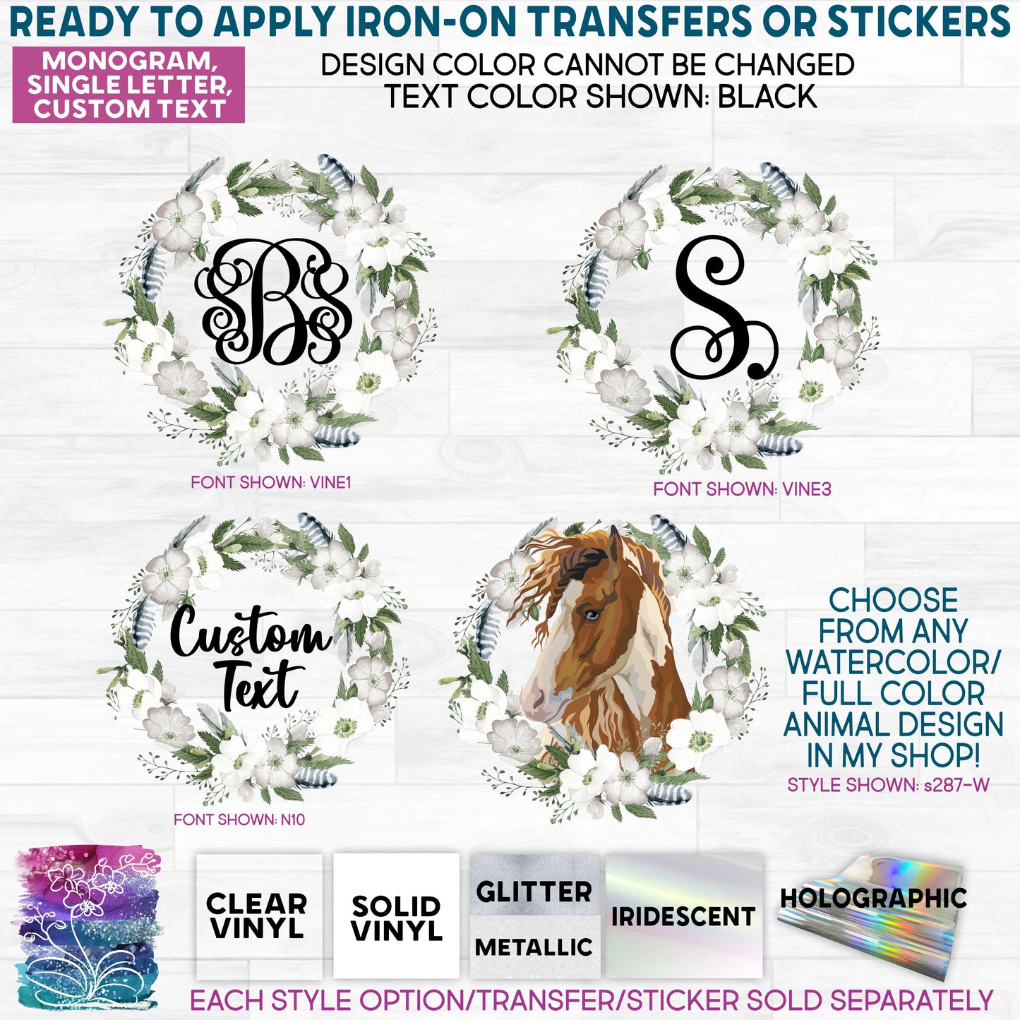 SBS-2-8B Monogram Wild Rose White Floral Flowers Watercolor Made-to-Order Iron-On Transfer or Sticker
