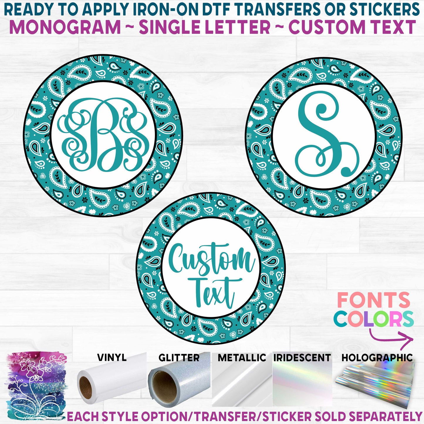 (s216) Circle Monogram Paisley Bandana Custom Text