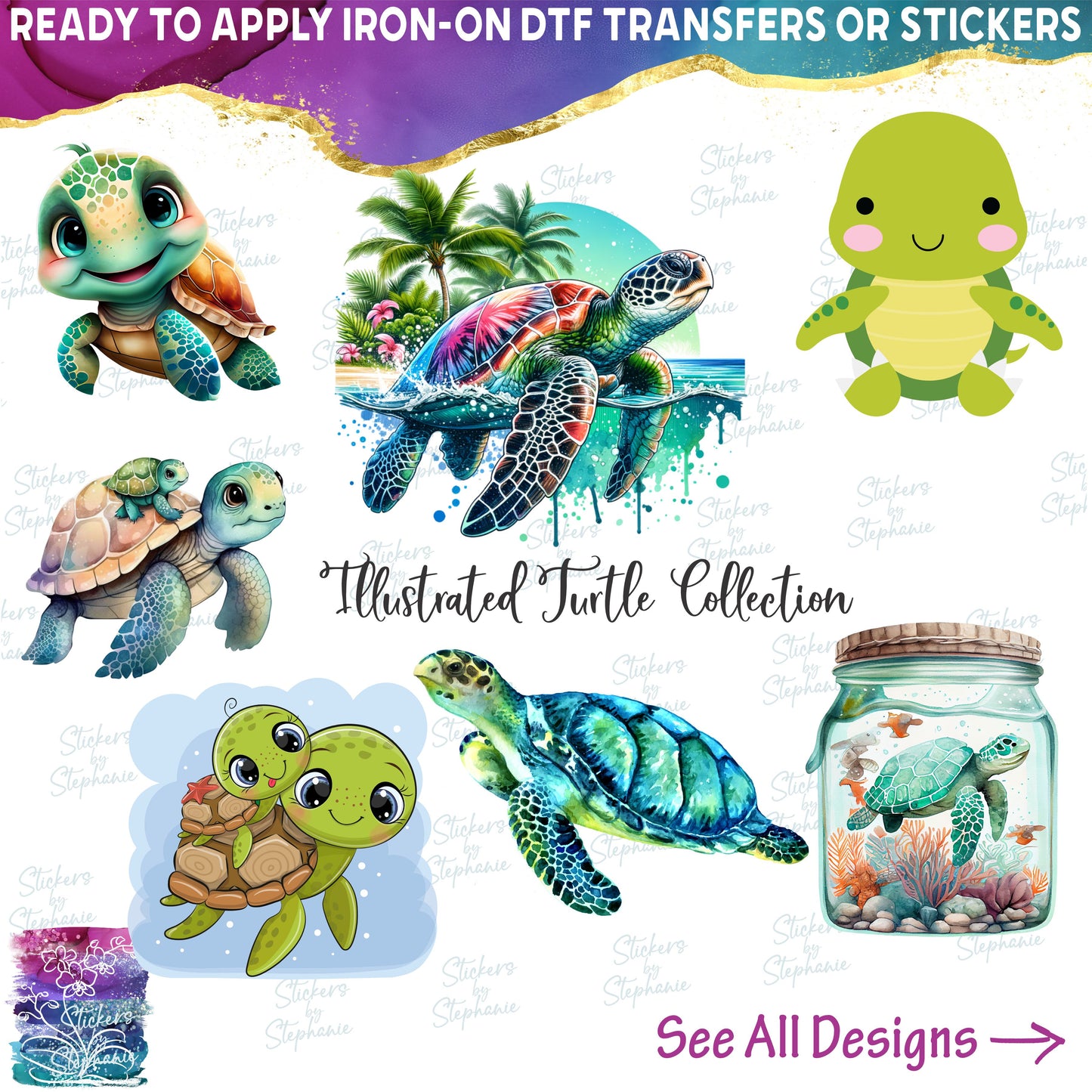 (s022) Watercolor Illustrated Cartoon Turtle Tortoise Collection