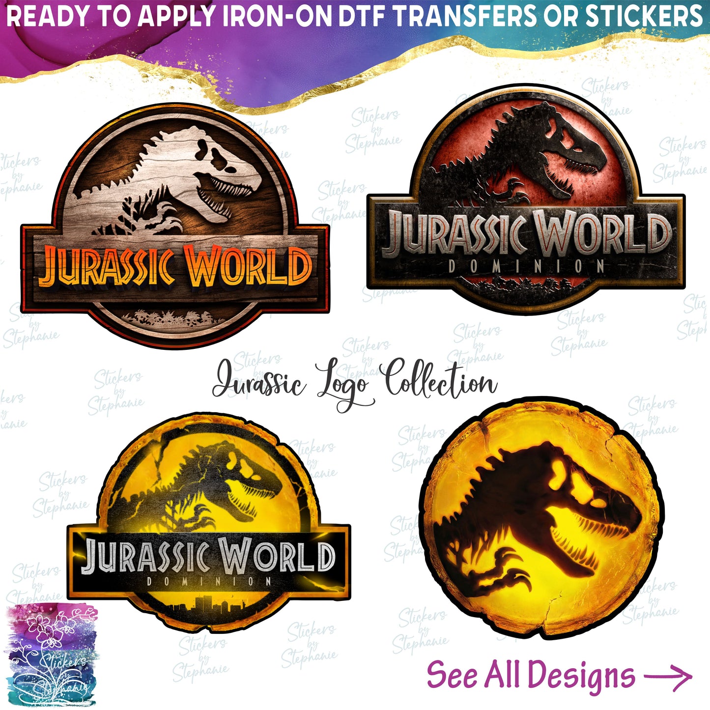 (s244) Dinosaur Full Color Illustrated Designs 5 Style Options
