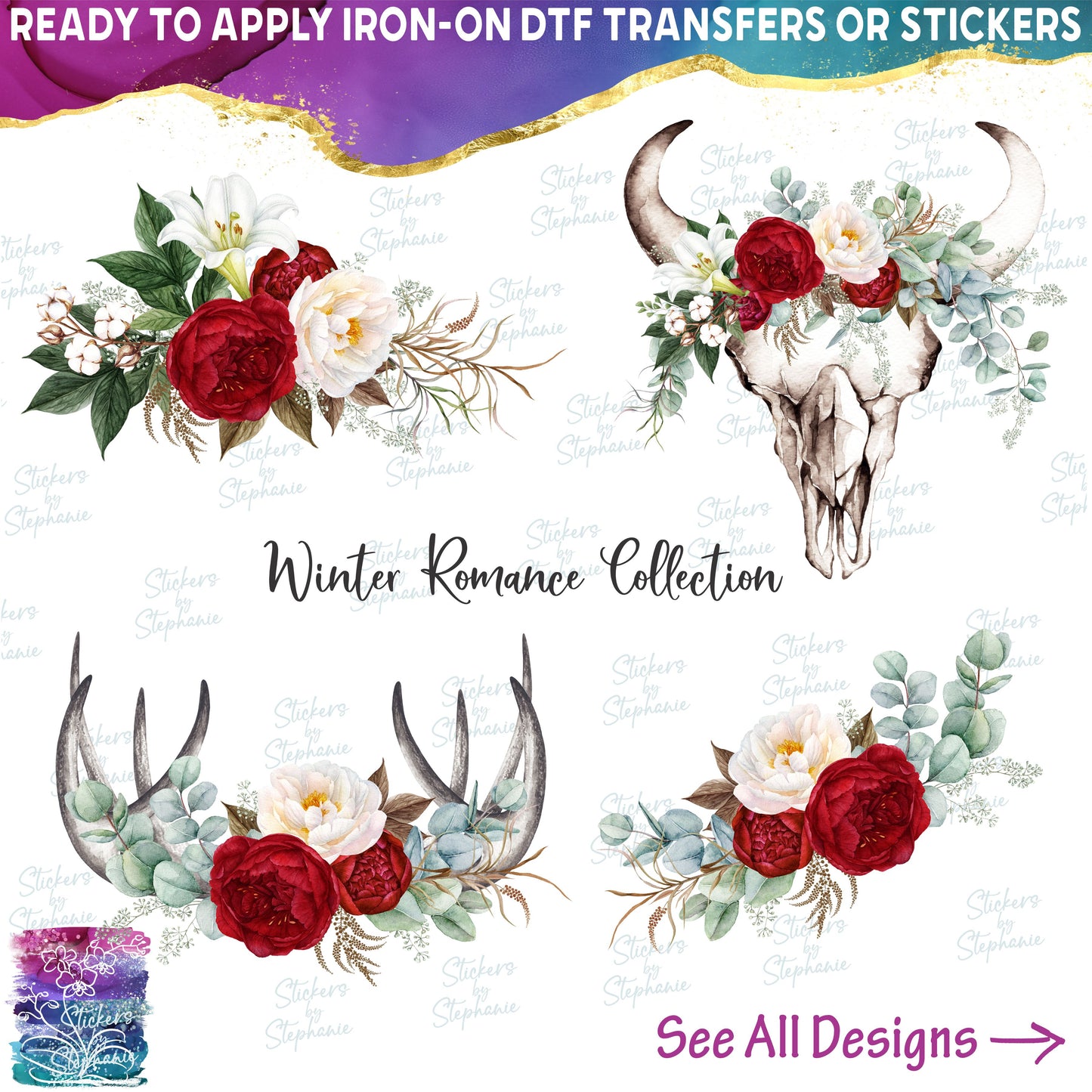 (s249) Red White Peony Watercolor Collection 16 Style Options