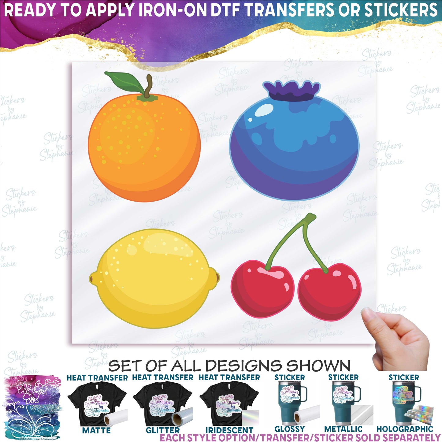(s253-G6) Set of 4 Fruit Orange Blueberry Lemon Cherries