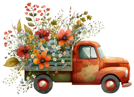 (260-2) Red Vintage Truck with Flowers