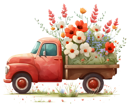(260-2) Red Vintage Truck with Flowers