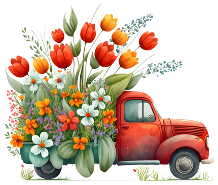 (260-2) Red Vintage Truck with Flowers