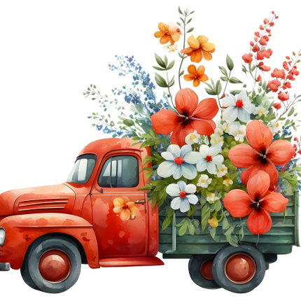 (260-2) Red Vintage Truck with Flowers
