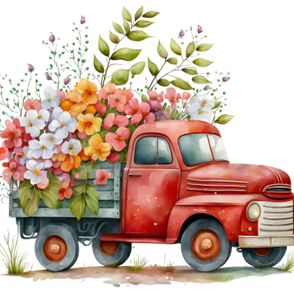 (260-2) Red Vintage Truck with Flowers