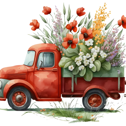 (260-2) Red Vintage Truck with Flowers