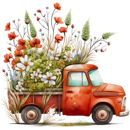 (260-2) Red Vintage Truck with Flowers