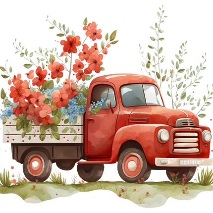 (260-2) Red Vintage Truck with Flowers