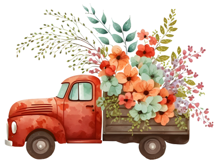(260-2) Red Vintage Truck with Flowers