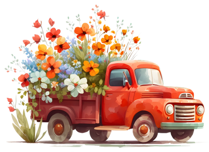 (260-2) Red Vintage Truck with Flowers