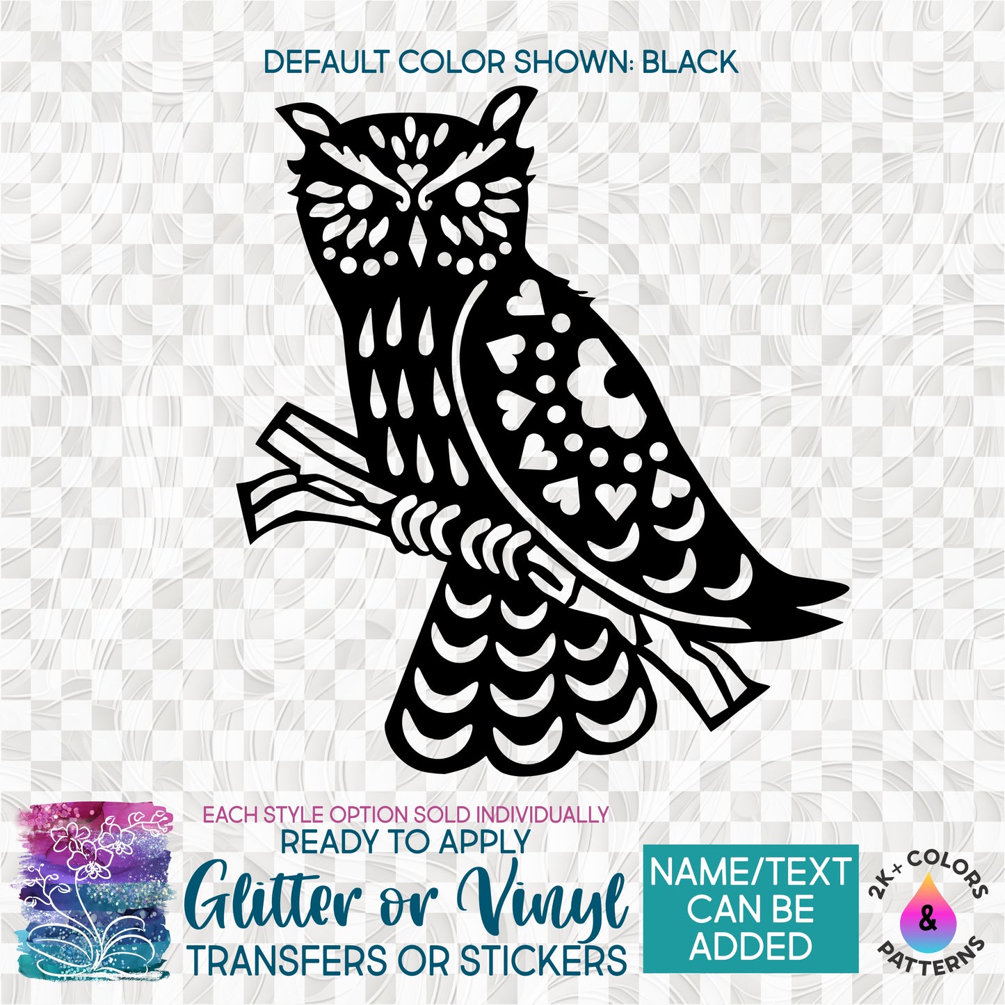(s262-G) Folk Animals Owl Glitter or Vinyl Iron-On Transfer or Sticker