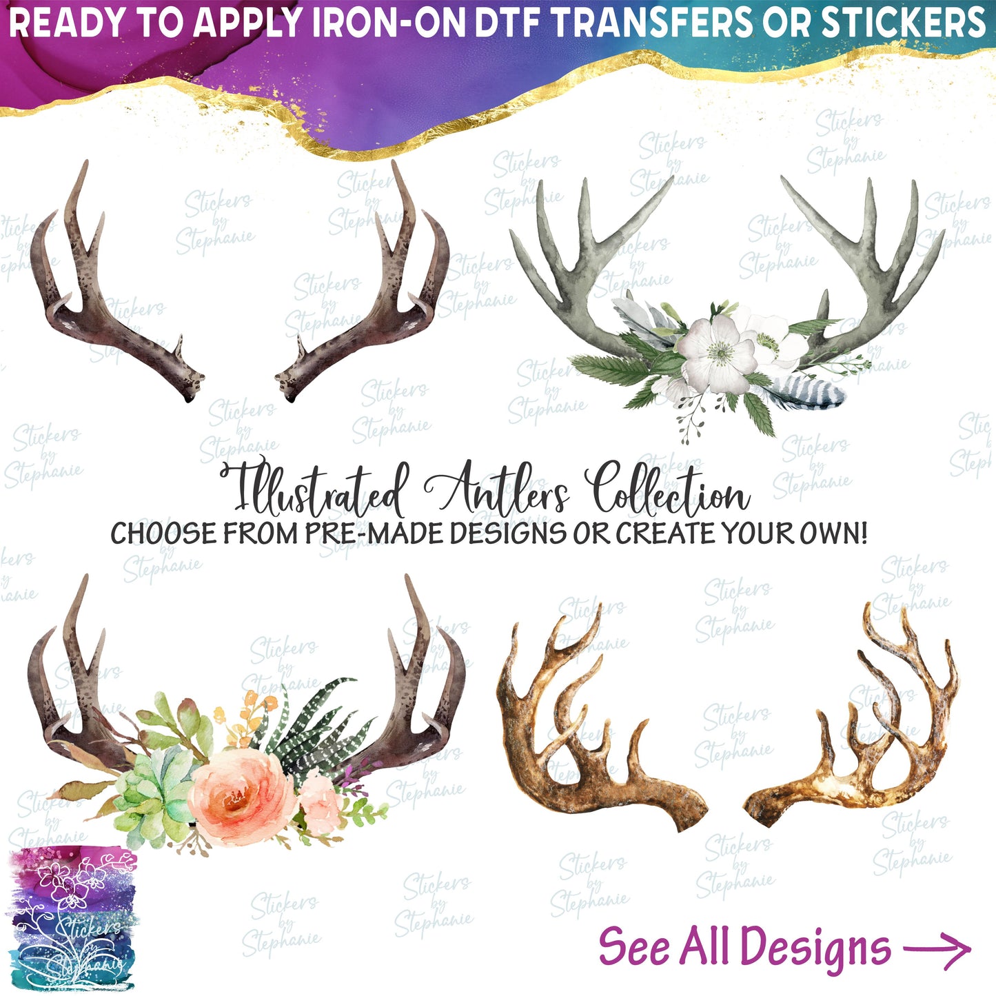 (s267-2) Deer Antlers Horns with and without Flowers Watercolor Collection Pre-Made Designs or Create Your Own