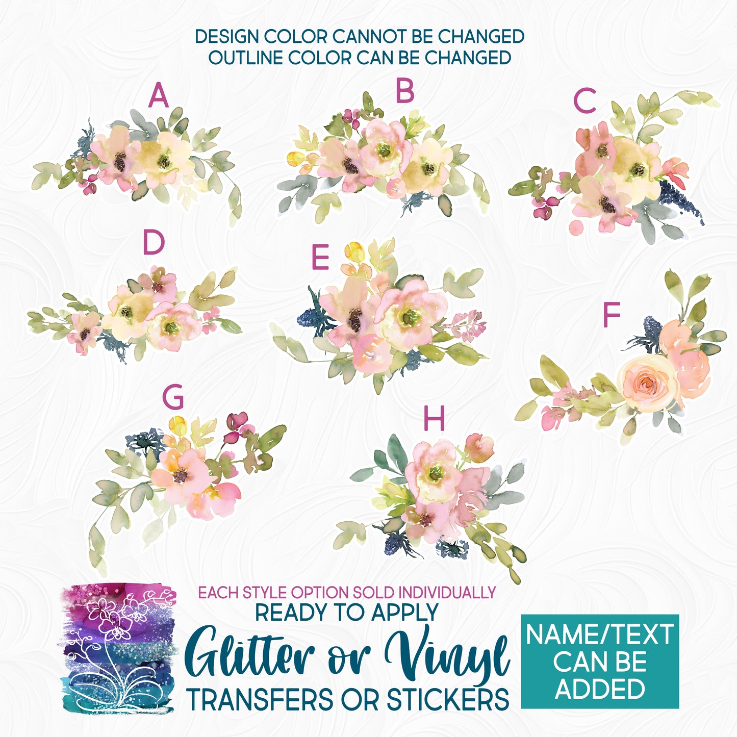 (s270-10) Blush Lemon Watercolor Flowers Glitter or Vinyl Iron-On Transfer or Sticker