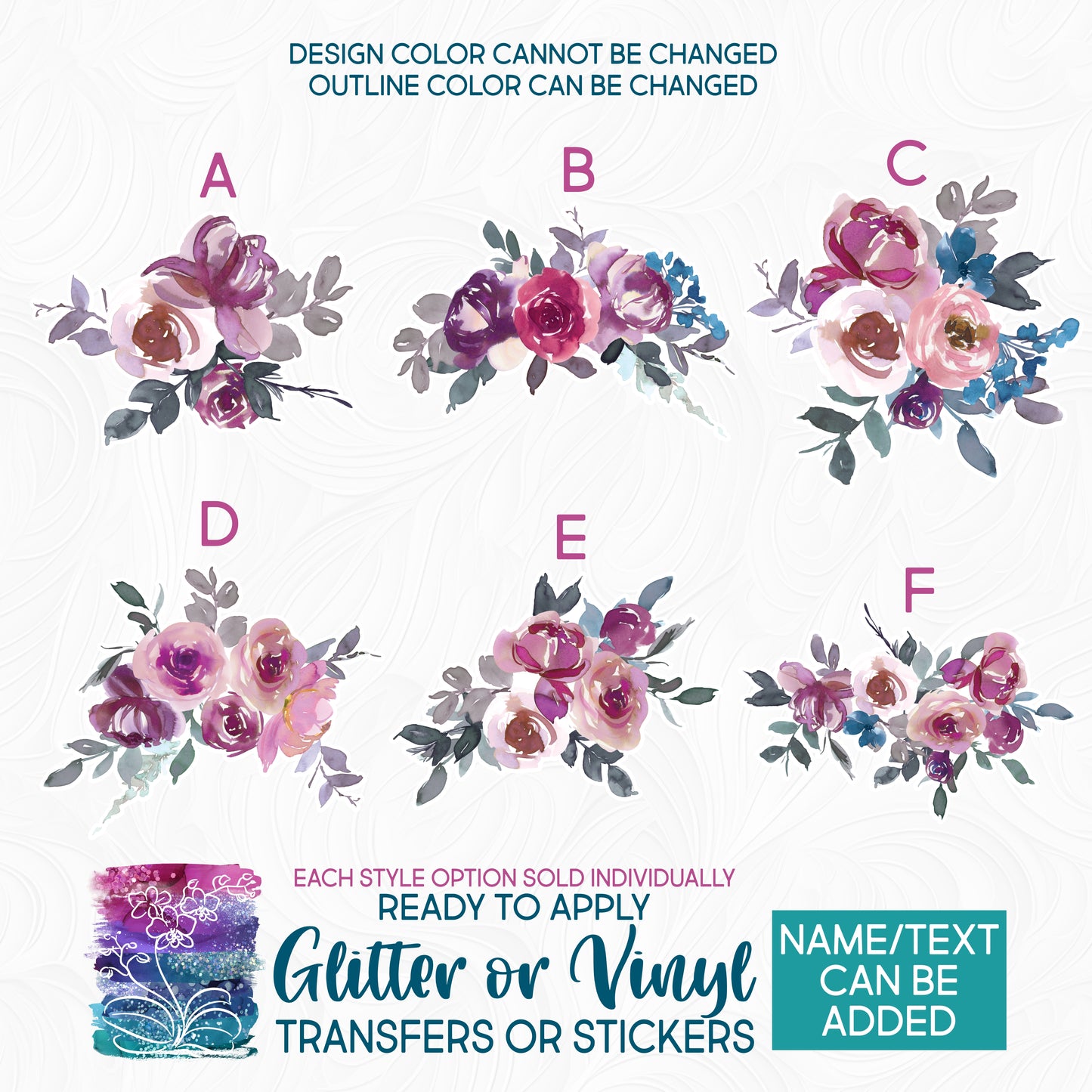 (s270-11) Purple & Spanish Pink Watercolor Flowers Glitter or Vinyl Iron-On Transfer or Sticker