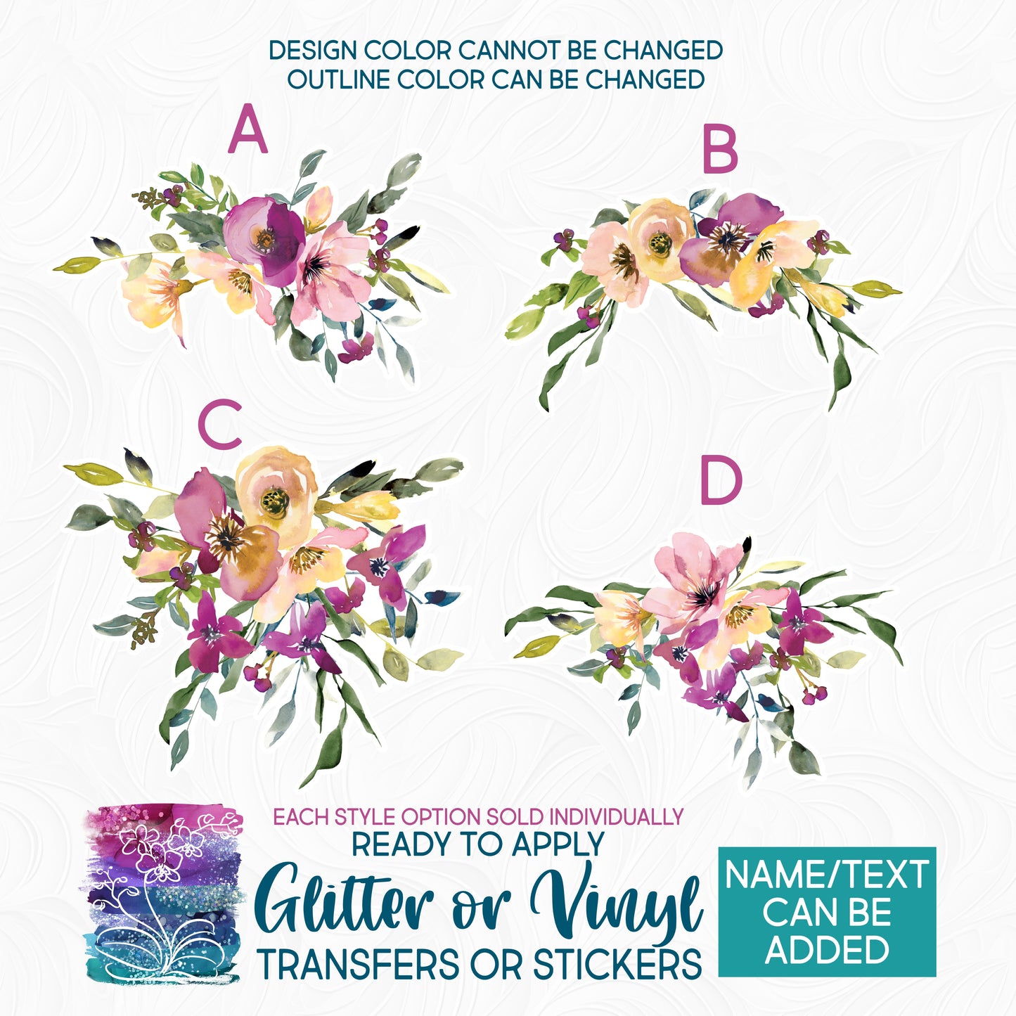 (s270-13) Purple Vanilla Watercolor Flowers Glitter or Vinyl Iron-On Transfer or Sticker