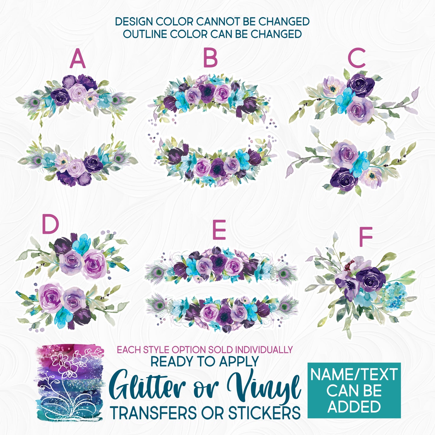 (s270-14) Purple Turquoise Watercolor Flowers Glitter or Vinyl Iron-On Transfer or Sticker