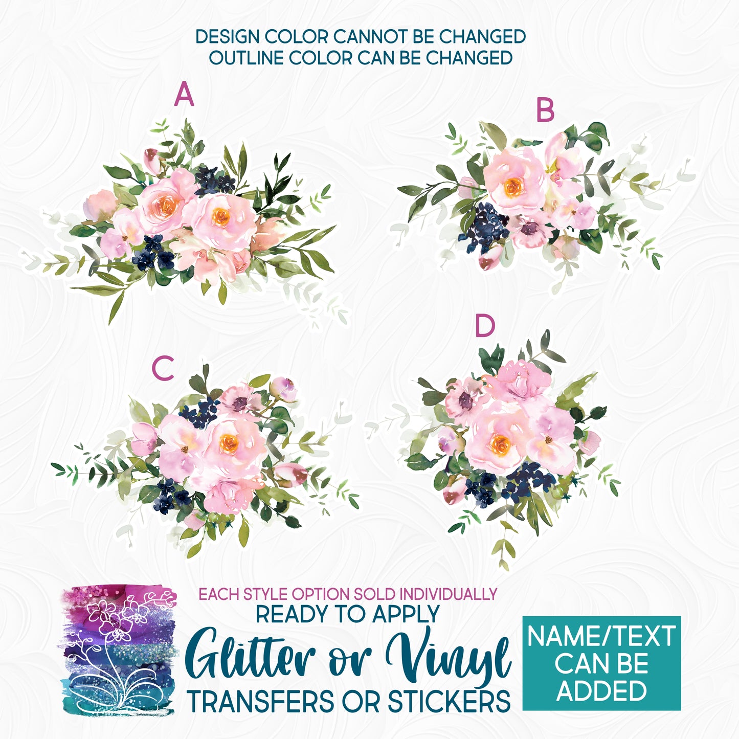(s270-18) Pink Watercolor Flowers Glitter or Vinyl Iron-On Transfer or Sticker