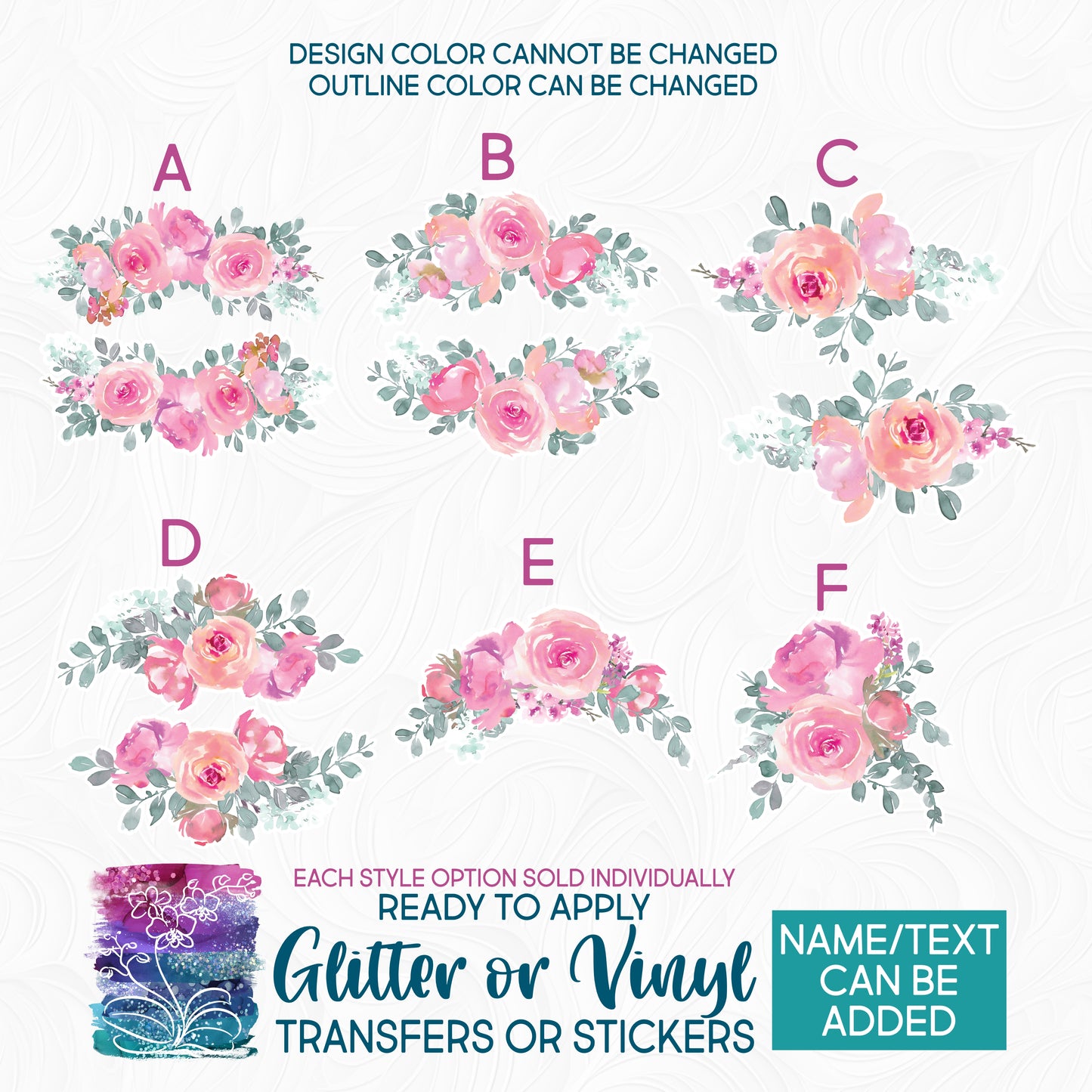 (s270-19) Pink Watercolor Flowers Glitter or Vinyl Iron-On Transfer or Sticker