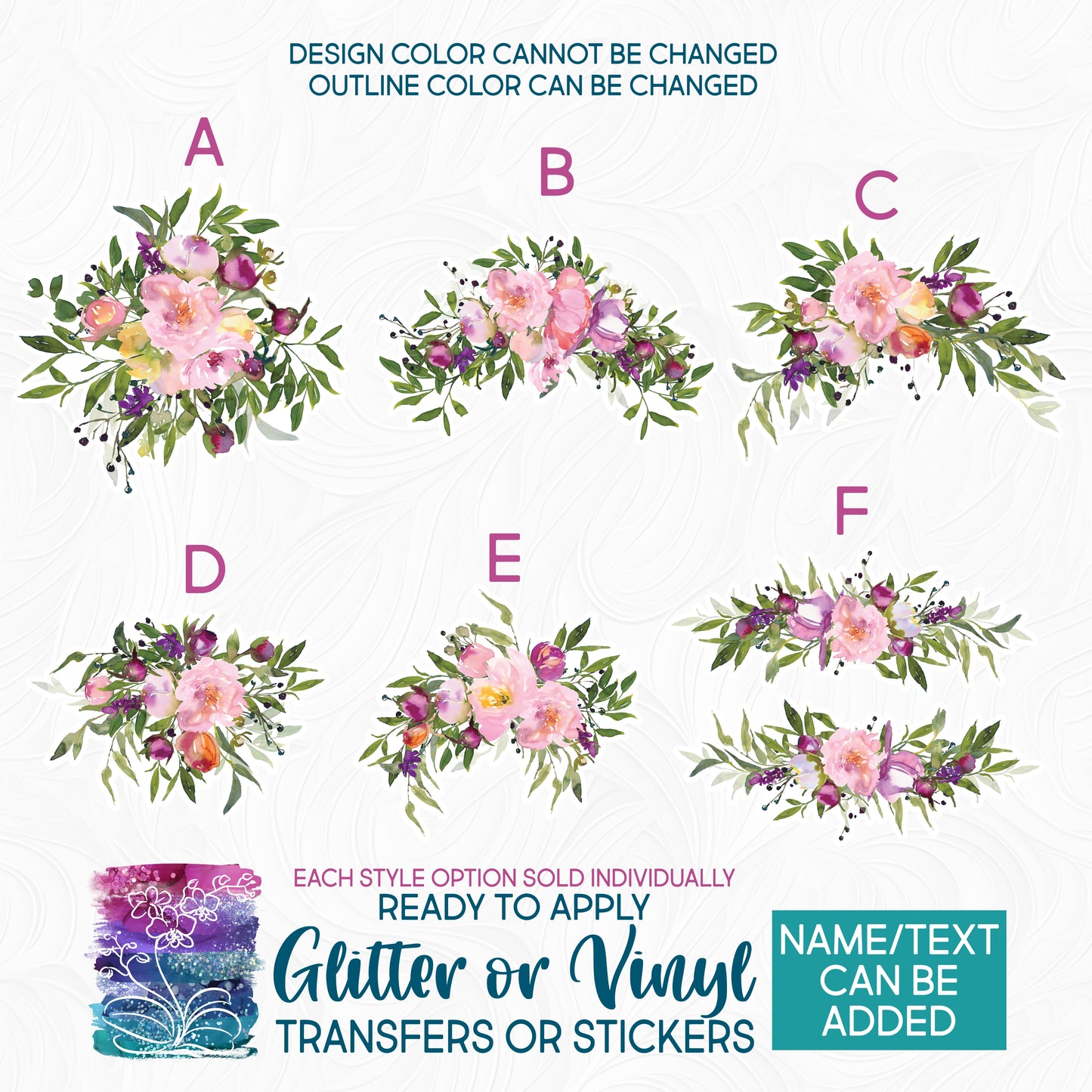 (s270-22) Pink Peony Watercolor Flowers Glitter or Vinyl Iron-On Transfer or Sticker