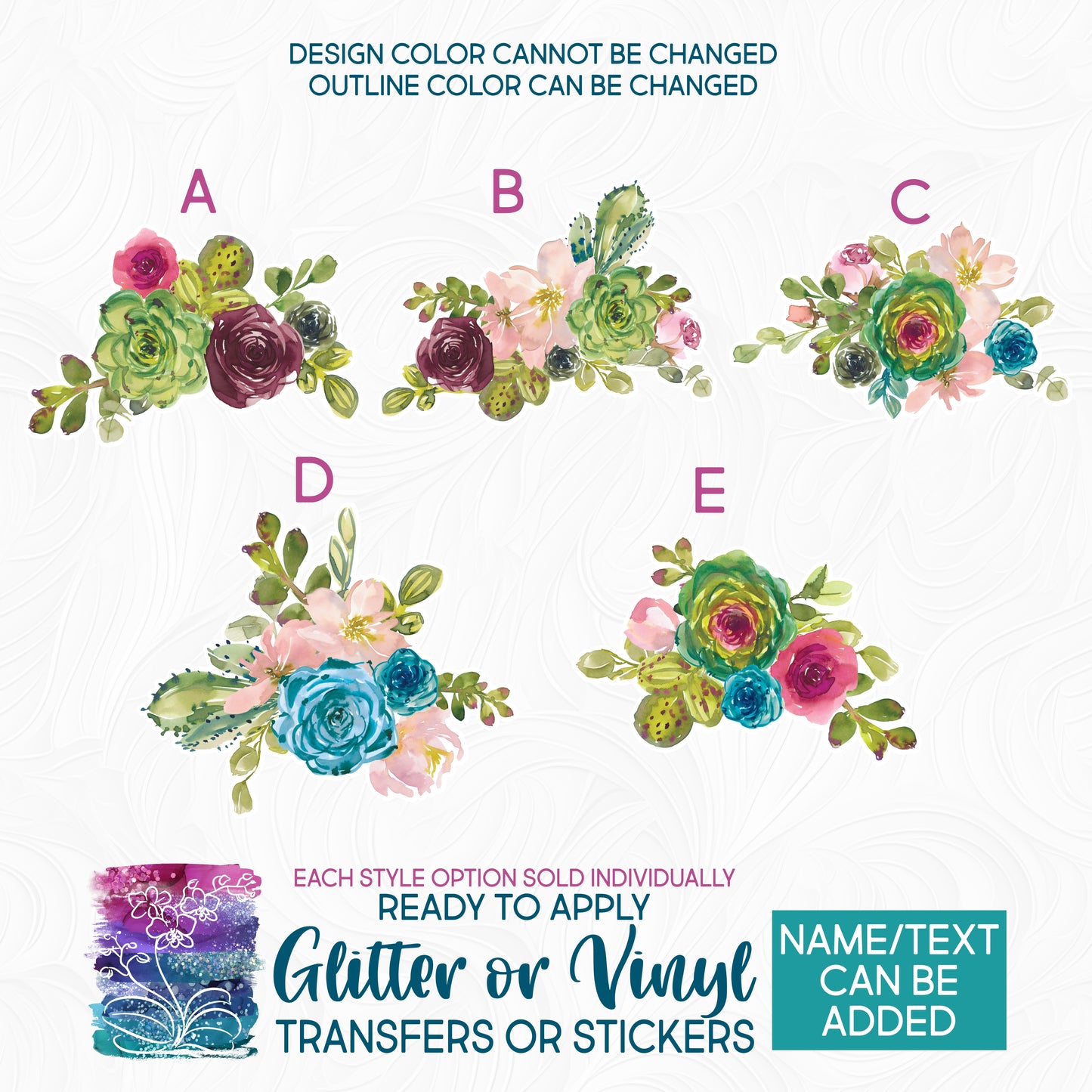 (s270-02) Succulent Watercolor Flowers Cow Skull Antlers Arrow Glitter or Vinyl Iron-On Transfer or Sticker