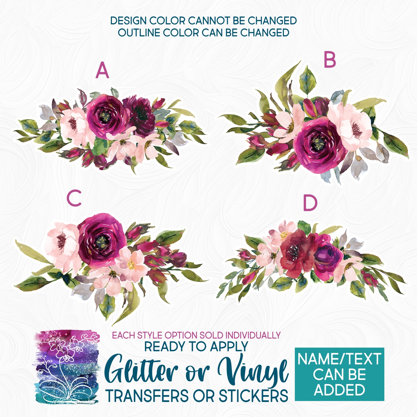 (s270-31) Marsala Blush Watercolor Flowers Glitter or Vinyl Iron-On Transfer or Sticker