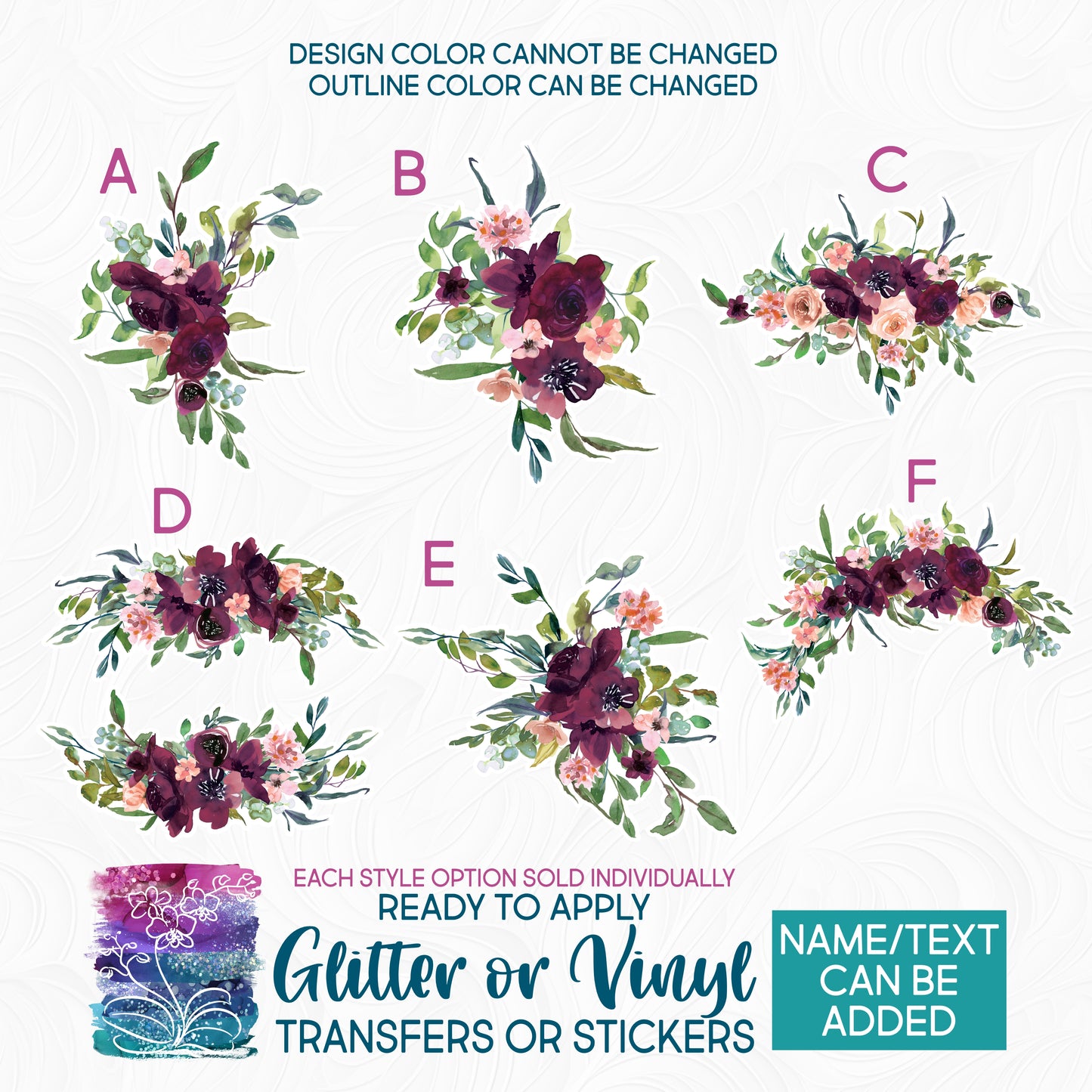 (s270-35) Burgundy Peach Watercolor Flowers Glitter or Vinyl Iron-On Transfer or Sticker